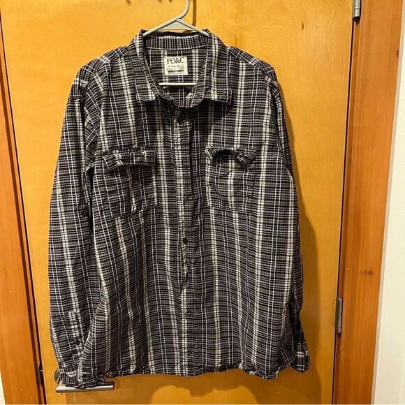 P D & C pd&c mens xxl black plaid button down long sleeve shirt - Picture 1 of 4